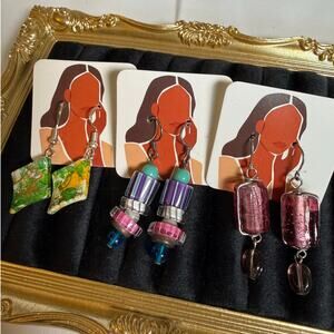 3 Pair Artisan Dangle Earrings Set Murano Style Glass Boho Handmade Jewelry